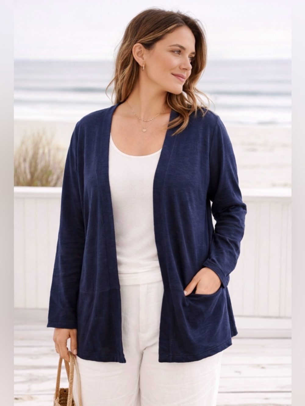 J Jill Love Linen Cardigan Navy Blue Open Front Lightweight M Laggenlook